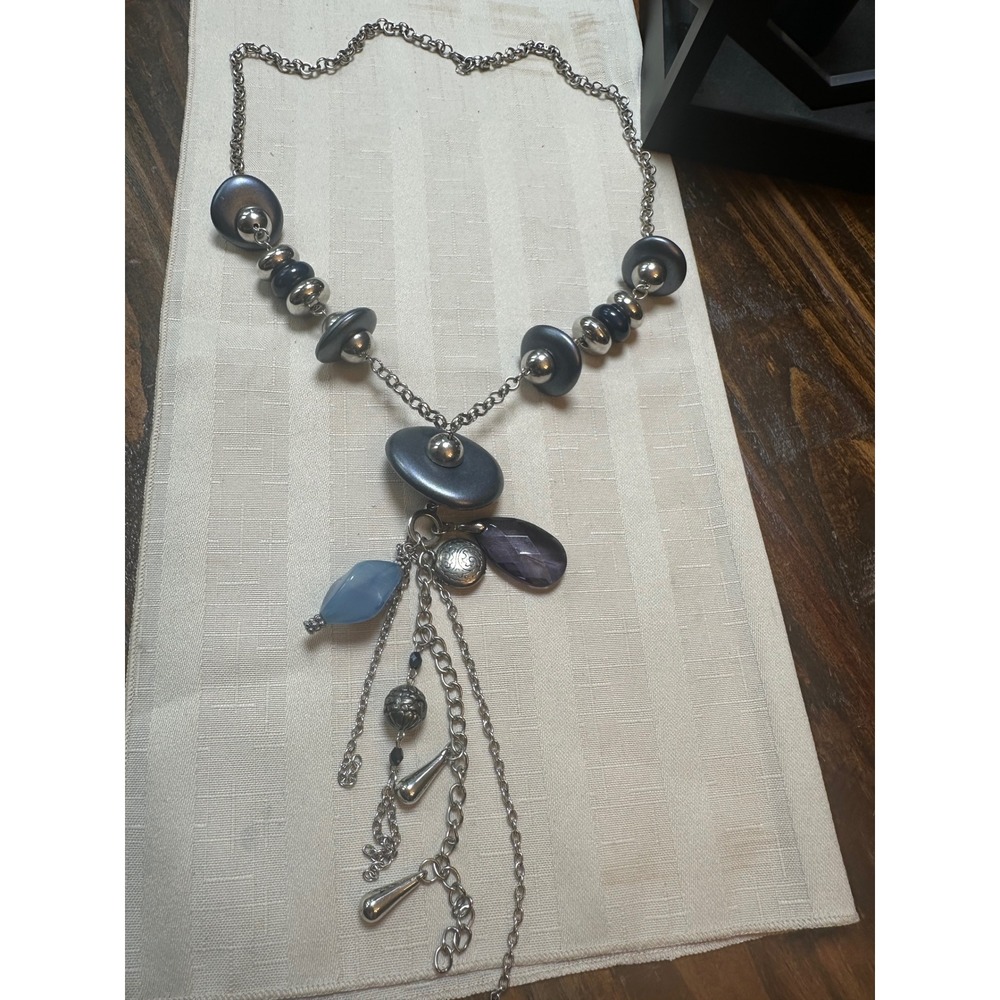 Silver Gunmetal Statement Tassel Necklace Blue Purple Beaded Mixed Media 26" Vtg